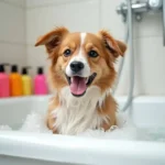 A man is bathing his dog.